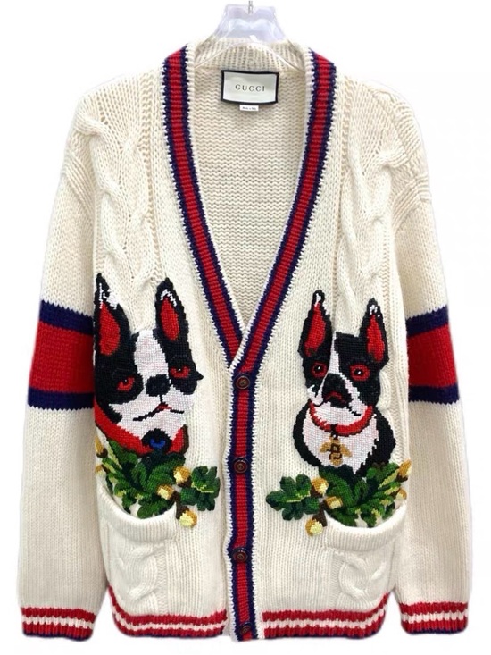 Gucci Sweaters - 🚩steal Gucci Cream Cable-Knit Cardigan with Red & Blue Trim and Dog Motifs